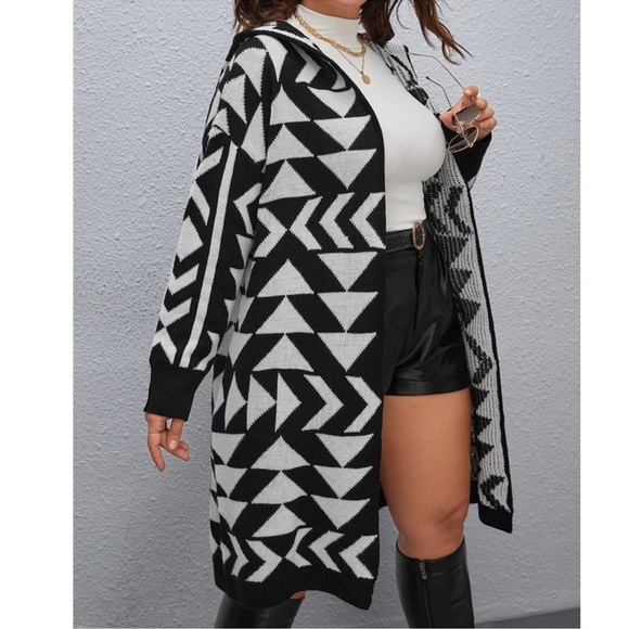 Plus Geo Print Open Front Hoodie Cardigan 1X 2X 3X - Picture 3 of 3